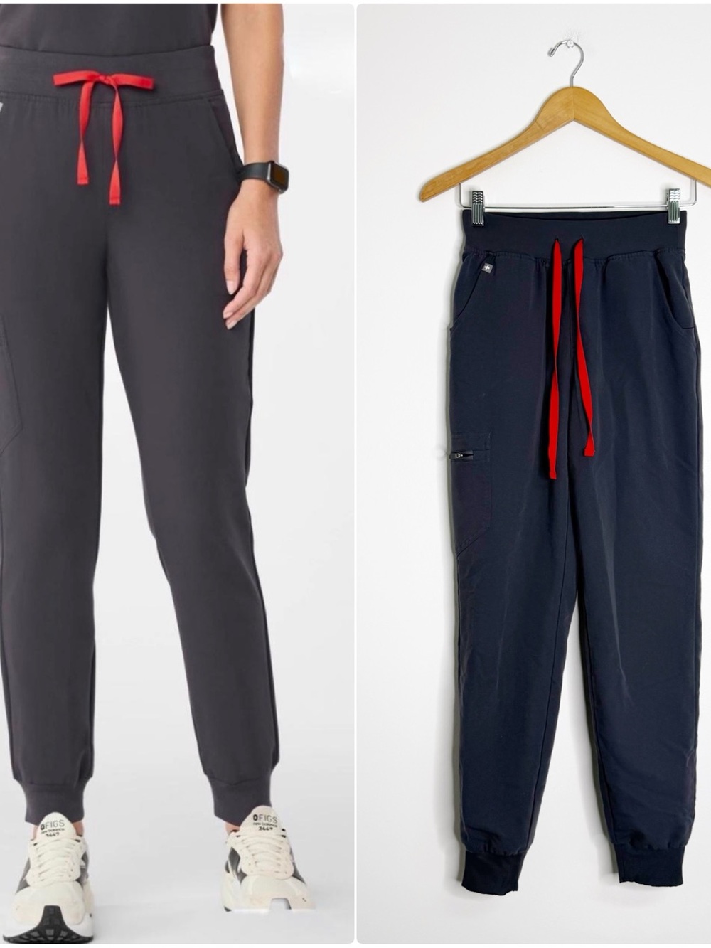 FIGS High Waisted Zamora Jogger Scrub Pants XS Gray Red Drawstring
